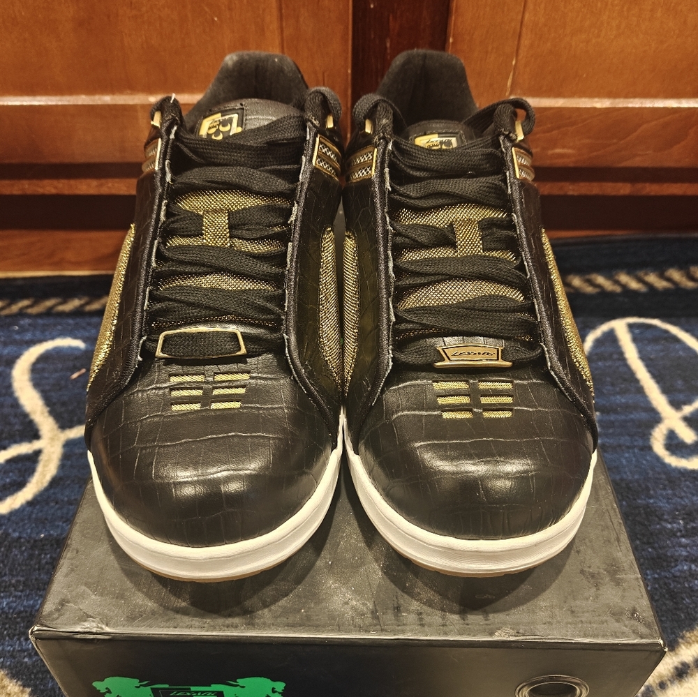 Lexani Swagga Sneakers Men’s Size 11 Black Gold Leather Lace-Up Shoes w/ Box